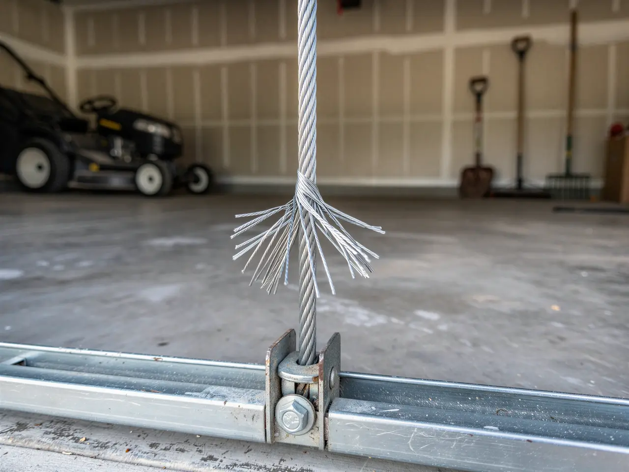 A frayed garage door cable is attached to a metal bracket.