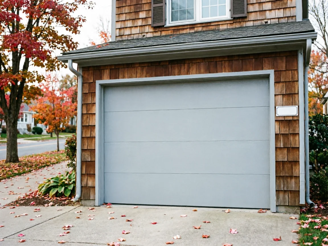 The light gray garage door is closed on a house with wood shingle siding.