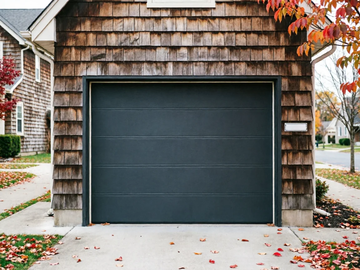 A dark gray garage door is on a house with wood shingle siding.